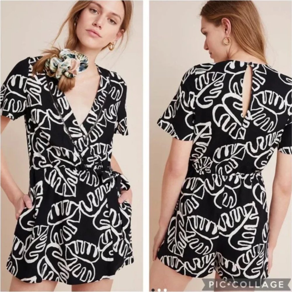 Farm Rio Black and White Kiki Floral Linen Blend Romper Size XS